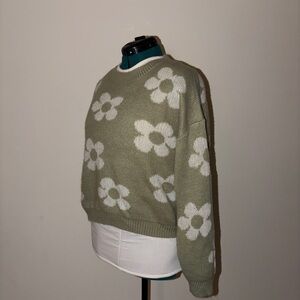 SHEIN Floral Crew Neck Sweater - Olive and White